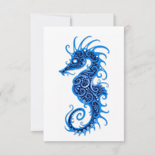 Diseño intrincado de caballito de mar azul en blan