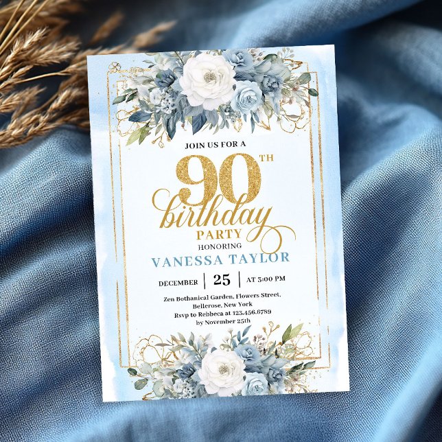 Diseño moderno pastel azul dorado invitación 90 cu (Modern pastel blue gold design 90th birthday celebration)