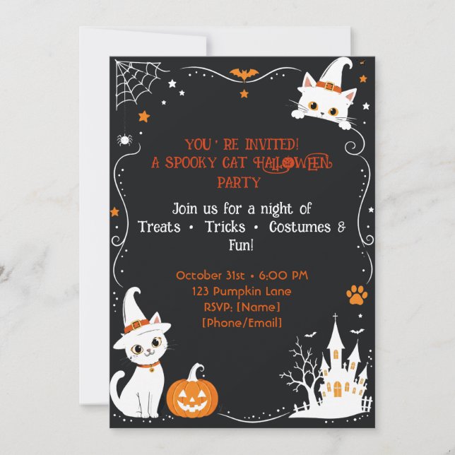 Diseño posterior de invitación de gato de Hallowee (Anverso)