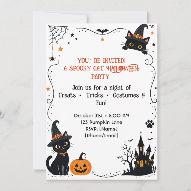 Diseño posterior de invitación de gato de Hallowee (Anverso)