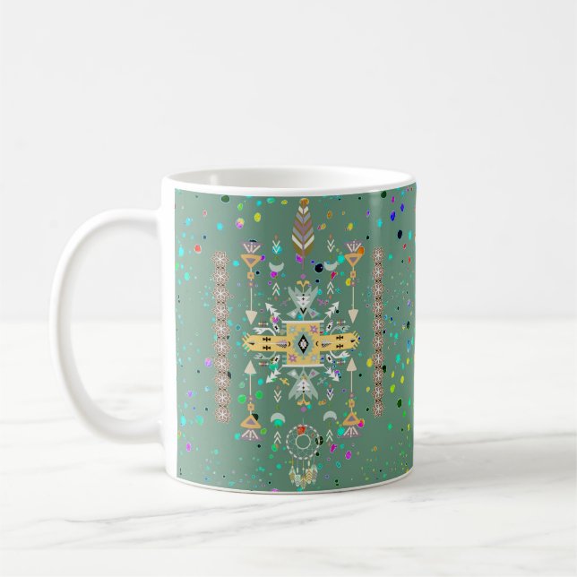 Diseño tribal amarillo y verde taza de café (Izquierda)