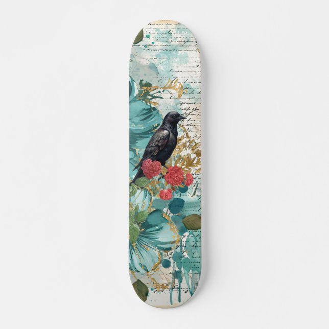 Distressed Teal Florals Raven & Roses Skateboard  (Anverso )
