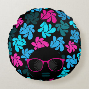 Divá Afro Turquesa y Rosa Caliente Almohada Redond