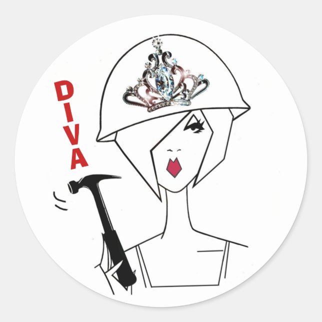 "Diva con un Gorra duro" Pegatina redondo clásico (Anverso)