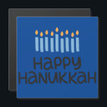 Diversión Feliz Hanukkah Menorah Magnetic Greaming<br><div class="desc">Tipografía divertida, bello blues con esta tarjeta magnética cuadrada "Happy Hanukkah" 5.25" con sobre. Dimensiones de acabado brillante: 5, 25" x 5, 25"</div>