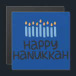 Diversión Feliz Hanukkah Menorah Magnetic Greaming<br><div class="desc">Tipografía divertida,  bello blues con esta tarjeta magnética cuadrada "Happy Hanukkah" 5.25" con sobre. Dimensiones de acabado brillante: 5, 25" x 5, 25"</div>