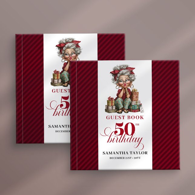 Diversión retro libro de invitados de mujer de 50  (Retro fun 50th woman guest book quirky design)