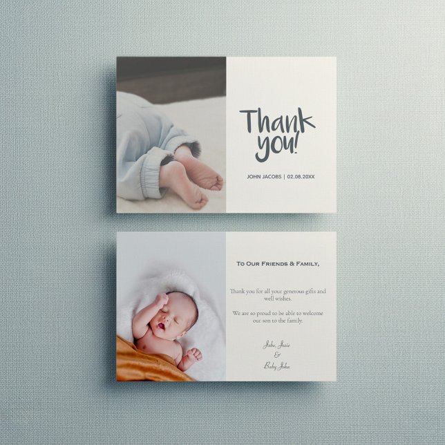 Diversión, tu foto, chico, baby ducha tarjeta de a (Fun, your photo, boy, baby shower thank you card with message and 2 photos.)