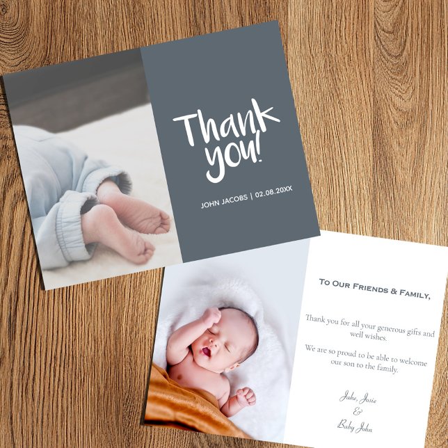 Diversión, tu foto, chico, baby ducha tarjeta de a (Baby shower thank you card with photo on the front and back)
