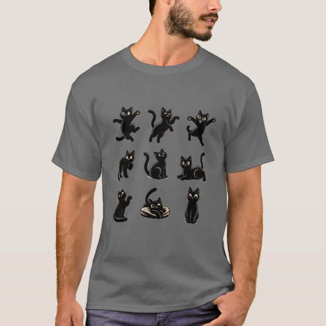 divertida camiseta negra de nueve gatos negros par (Anverso)