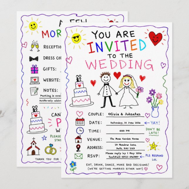 Divertida invitación de boda con garabato personal (Anverso / Reverso)