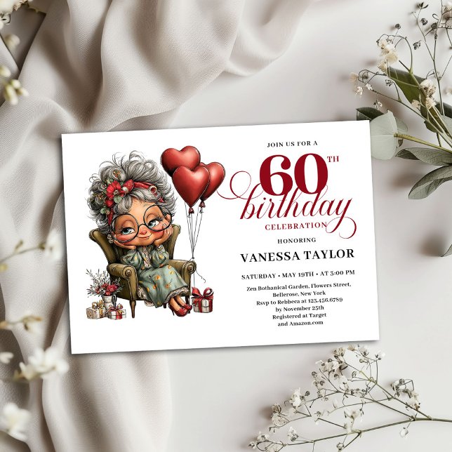 Divertida Invitación de Cumpleaños 60 para Mujer M (Funny 60th Birthday Invitation Old Woman Theme)