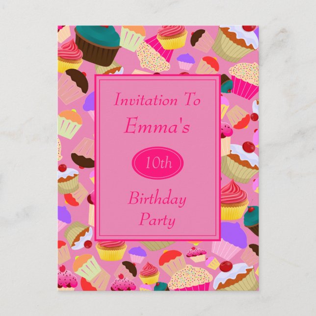 Divertida Invitación de Cumpleaños de Cupcake Rosa (Anverso)