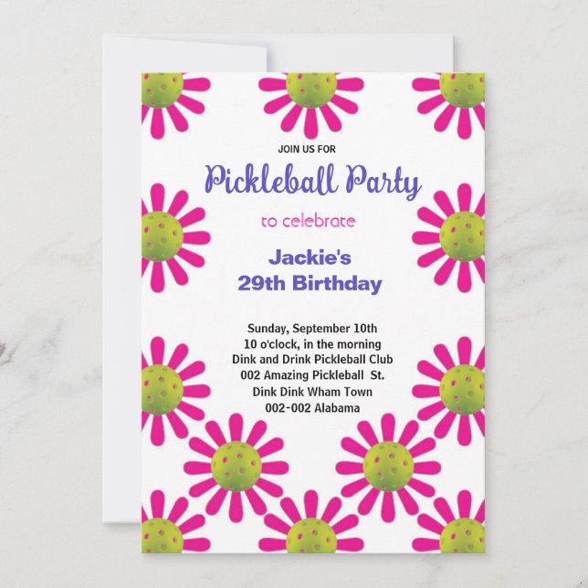 Divertida invitación de cumpleaños de Pickleball + (Anverso)