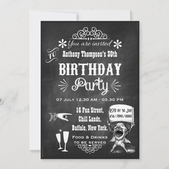 Divertida invitación de cumpleaños en pizarra vint (Anverso)