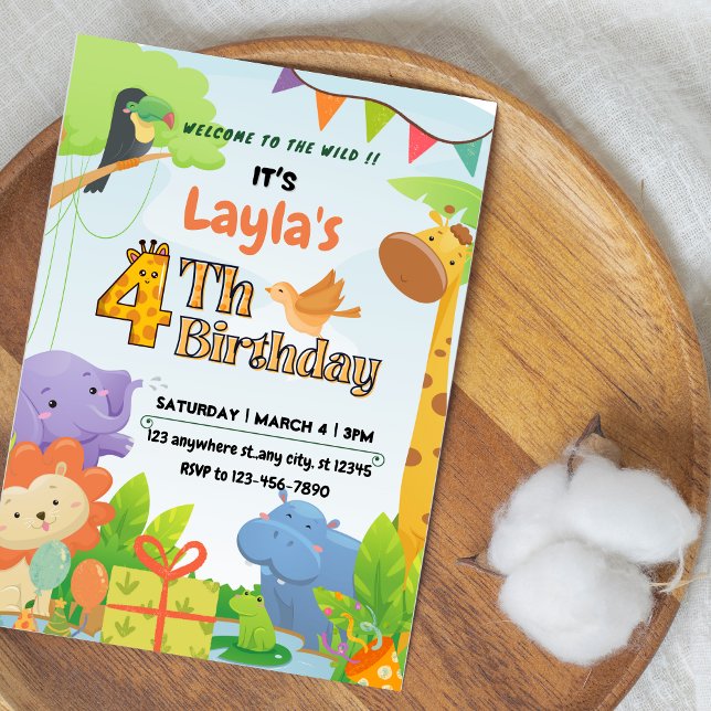 Divertida Invitación de Cumpleaños número 4 con te (Cute Safari Themed 4th Birthday Invitation for Kids)