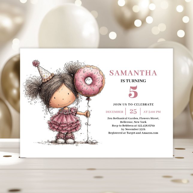 Divertida Invitación de Cumpleaños Número 5 para N (Funny Whimsical Kids 5th Birthday Invite Pink)
