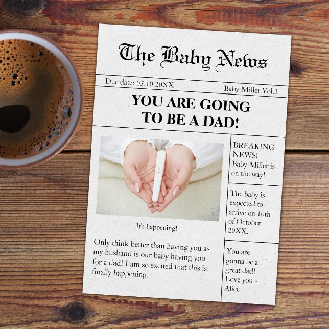 Divertida Invitación de embarazo de periódico para (funny unique newspaper pregnancy announcement for dad pregnancy reveal to husband)