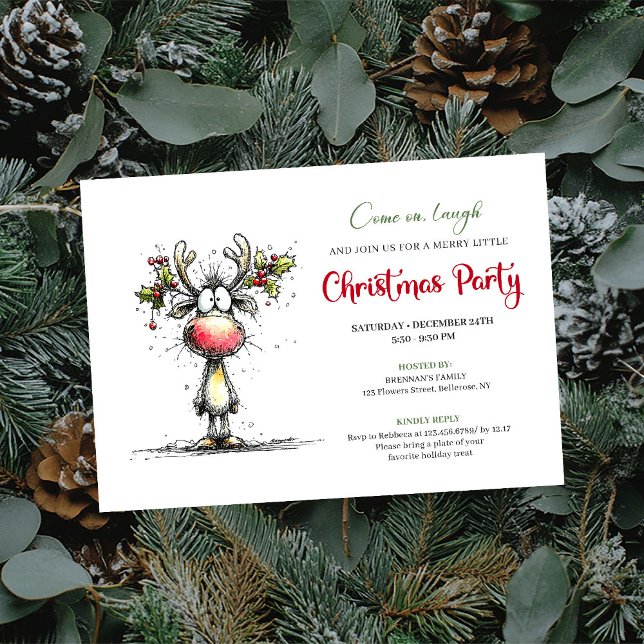 Divertida invitación de fiesta de Navidad con reno (Whimsical Reindeer Christmas Party Invite Design)