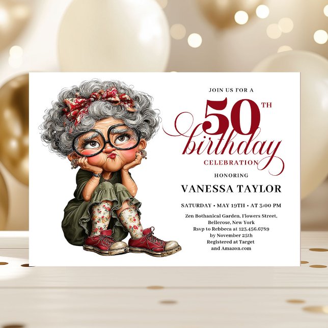 Divertida invitación de humor con tema caprichoso  (Funny fifty woman humor invite whimsical theme)