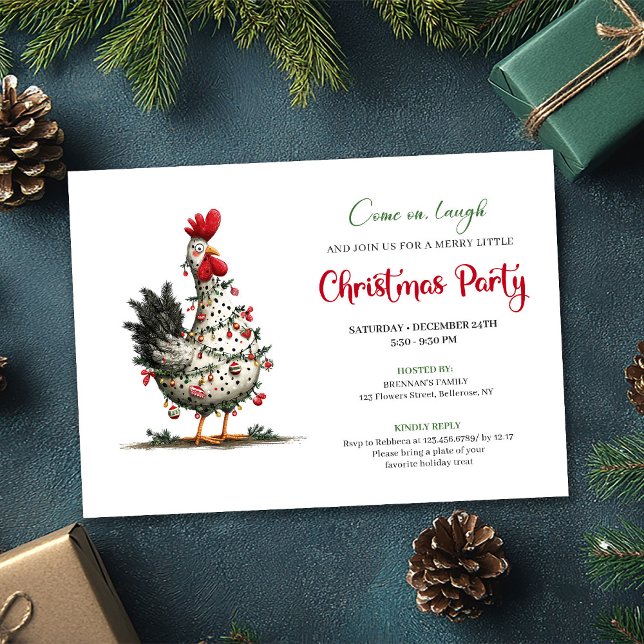 Divertida Invitación de Navidad con Pollo Acuarela (Funny Watercolor Chickens Festive Christmas Invite)
