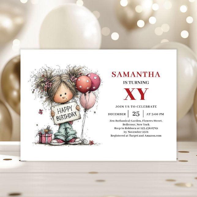 Divertida Tarjeta de Cumpleaños para una Niña Pequ (Whimsy Cute Little Girl Funky Birthday Invitation

)