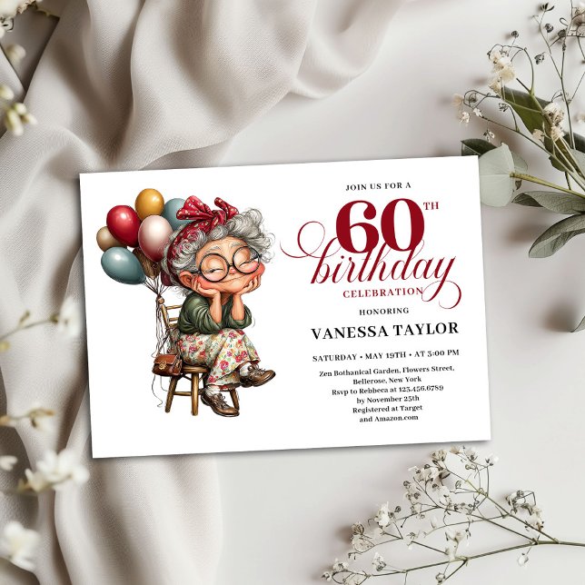 Divertida Tarjeta de Invitación de Cumpleaños 60 p (Funny Old Lady Invite 60th Birthday Party Card)