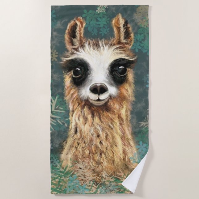 Divertida toalla de playa con llama curiosa (Anverso)