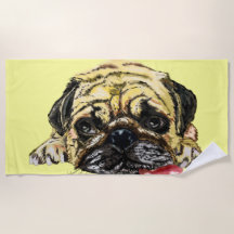 Divertida toalla de playa con perro de pug - color