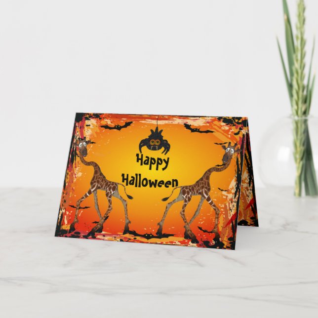 Divertidas jirafas y tarjeta de halloween de araña (Anverso)
