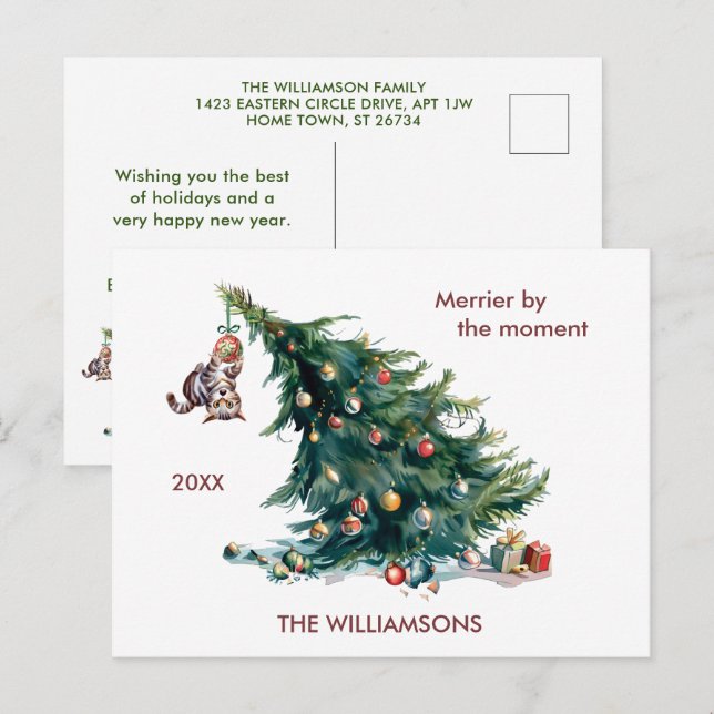 Divertido árbol de Navidad danzando foto de gato (Anverso / Reverso)