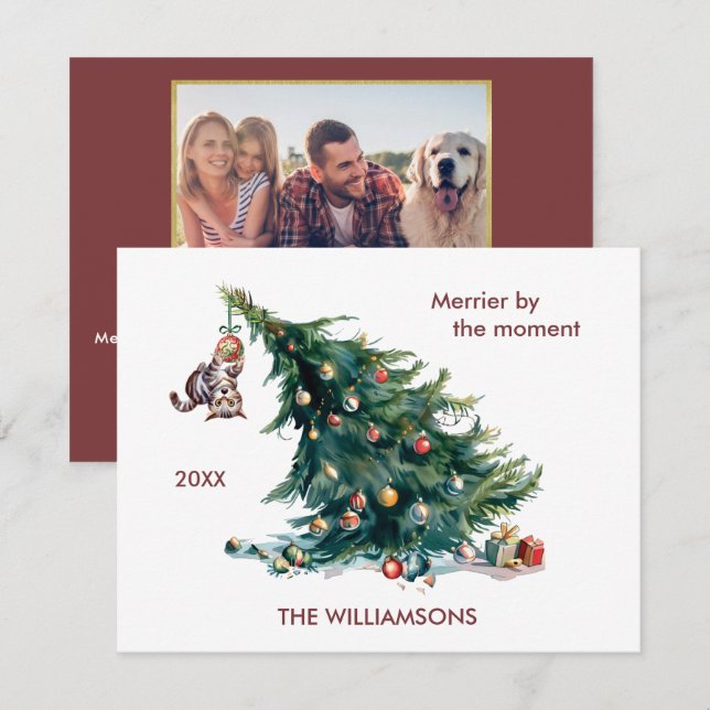 Divertido árbol de Navidad danzando foto de gato (Anverso / Reverso)