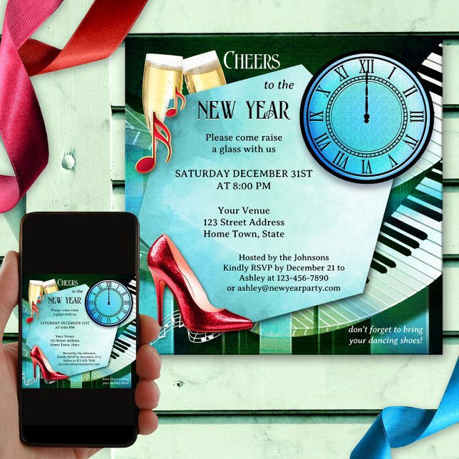 Divertido Champagne Baile Año Nuevo Invitación a l (New Year's Eve dance party invitation featuring a colorful design with a clock, champagne and music)