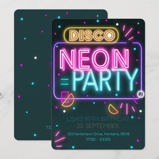 Divertido Disco Neon 16ª invitación a fiesta (Anverso / Reverso)