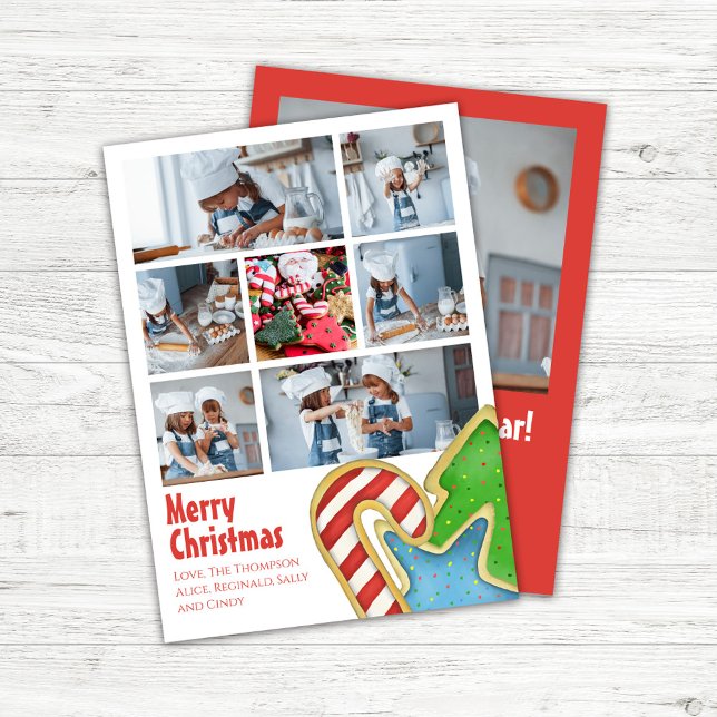 Divertido Feliz Navidad Collage de fotos Cute (Merry Christmas Holiday Photo Collage Card. With Cute Christmas Cookie Design.)