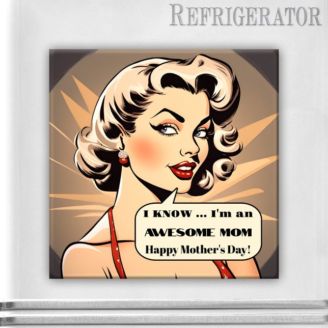 Divertido imán del Día de la Madre Personalizado R (Magnet featuring a retro cartoon style illustration of a pretty woman with a cloud for funny texts)