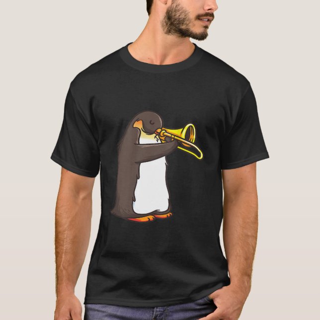 Divertido jugador de trompeta, camiseta pingüina,  (Anverso)