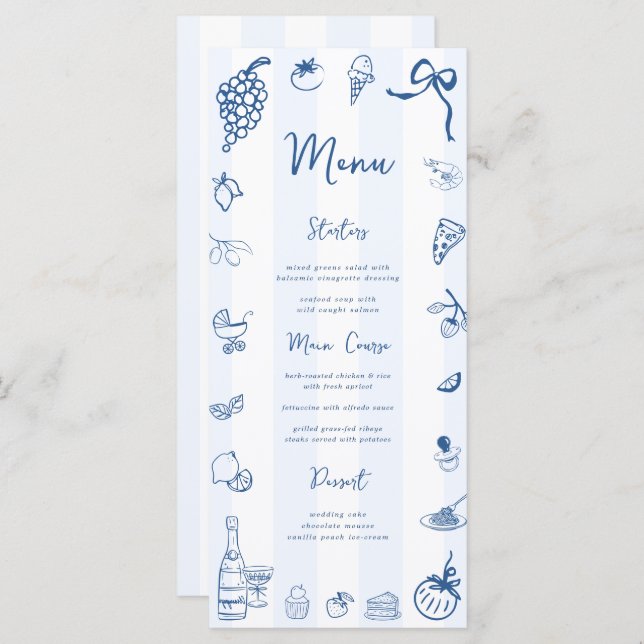 Divertido menú italiano con franjas azules dibujad (Anverso / Reverso)