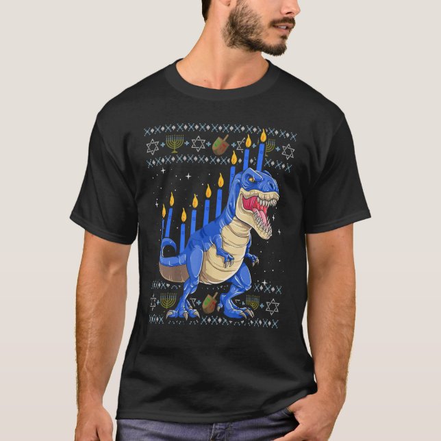 Divertido Ugly Hanukkah Sweater Menorasaurus Rex D (Anverso)