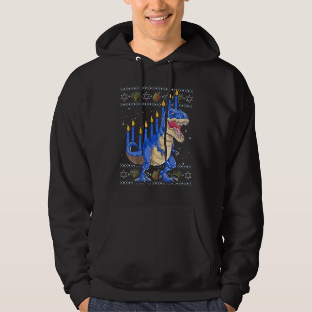 Divertido Ugly Hanukkah Sweater Menorasaurus Rex D (Anverso)
