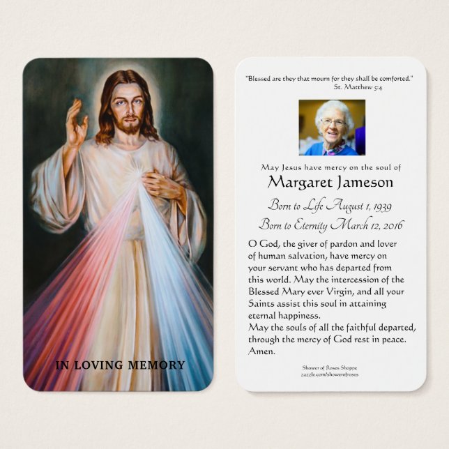 Divine Mercy Catholic Funeral Memorial Holy Card - (Anverso y reverso)
