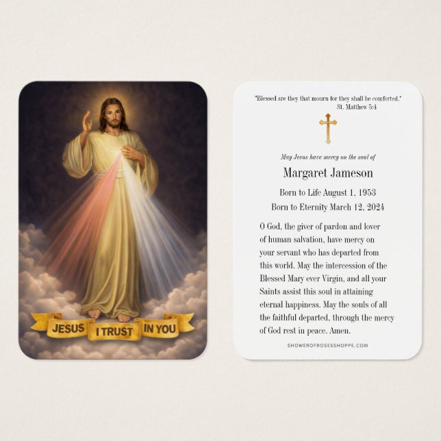 Divine Mercy Jesus Catholic Funeral Holy Card - (Anverso y reverso)