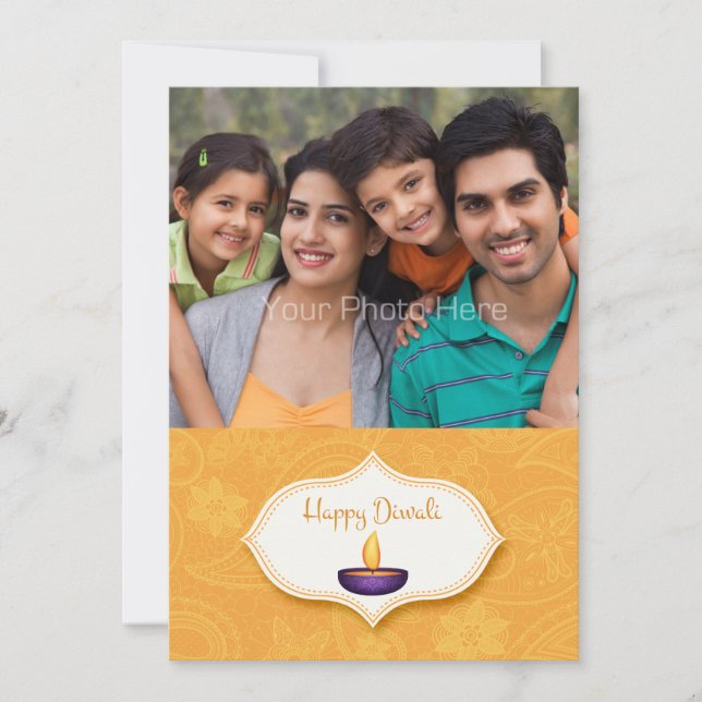 Diya con tarjeta de foto de Gold Paisley, Diwali (Anverso)