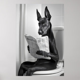Doberman en Inodoro, Periódico, Arte Divertido de