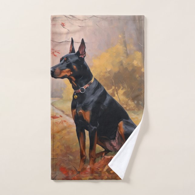 Doberman en otoño se inspira en las hojas (Toalla de mano)
