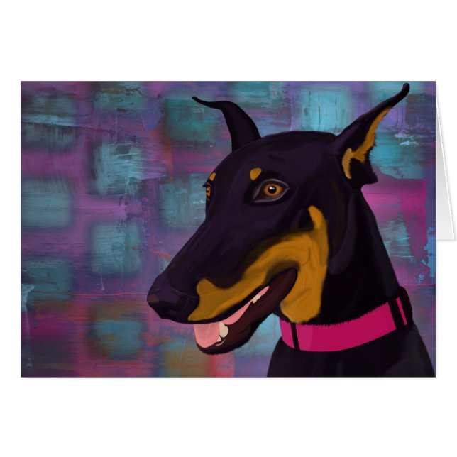 Doberman negro sonriente en un fondo púrpura (Anverso (Horizontal))
