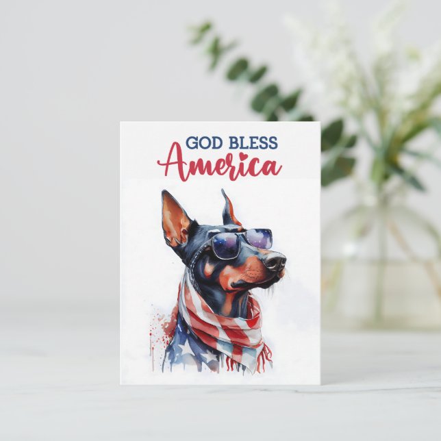 Doberman patriota, Dios bendiga a América Tarjeta  (Anverso de pie)