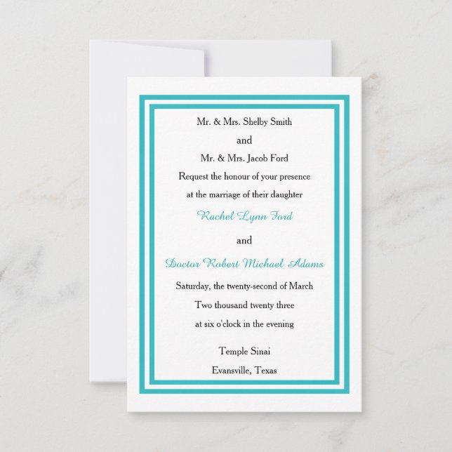 Doble Borde Turquesa - Invitación de Boda 3x5 (Anverso)