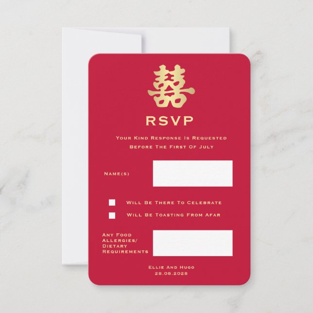 Doble felicidad para una tarjeta RSVP de boda chin (Anverso)
