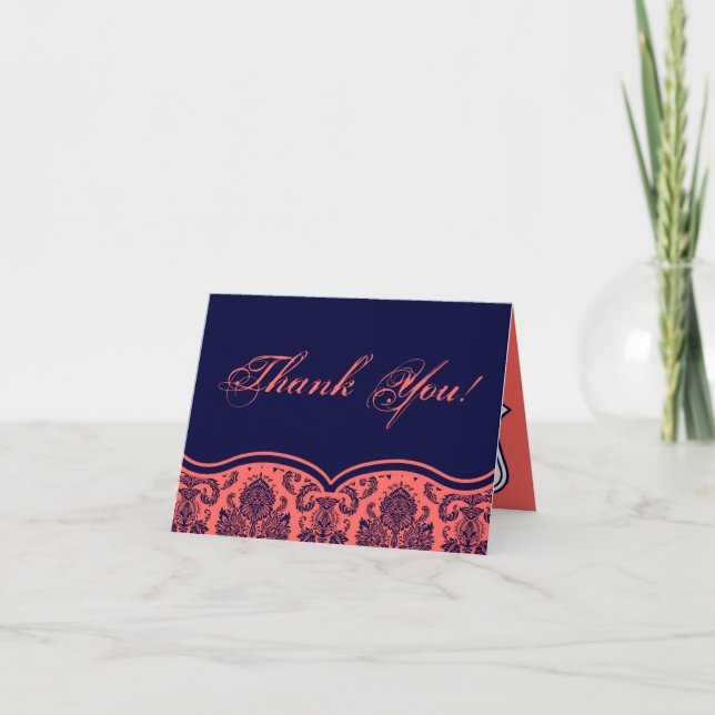 Doble Gracias Tarjeta Navy Coral Azul Damask Lace (Anverso)